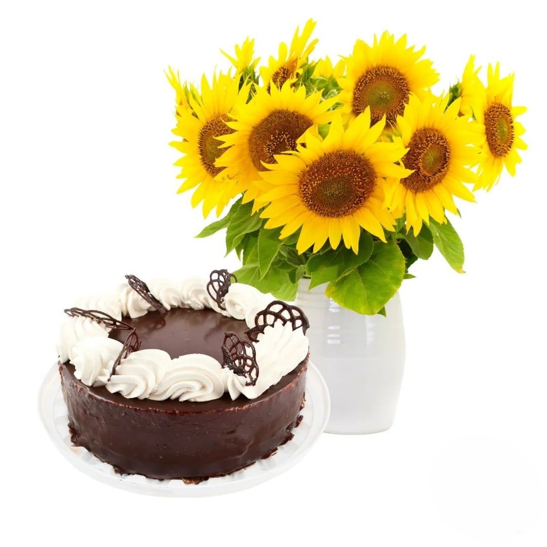 Bouquet di girasoli con torta al cioccolato (Raffinato)