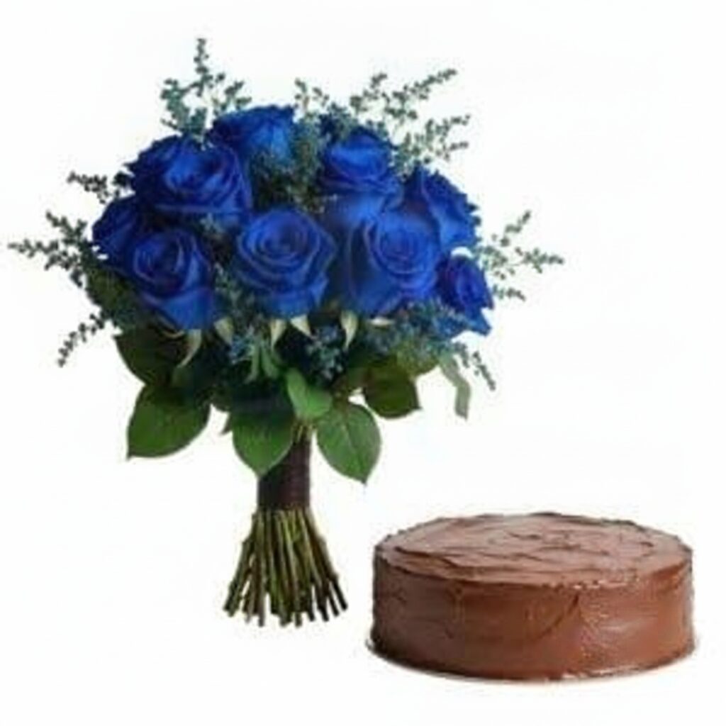 Bouquet di rose blu con torta al cioccolato (Raffinato)