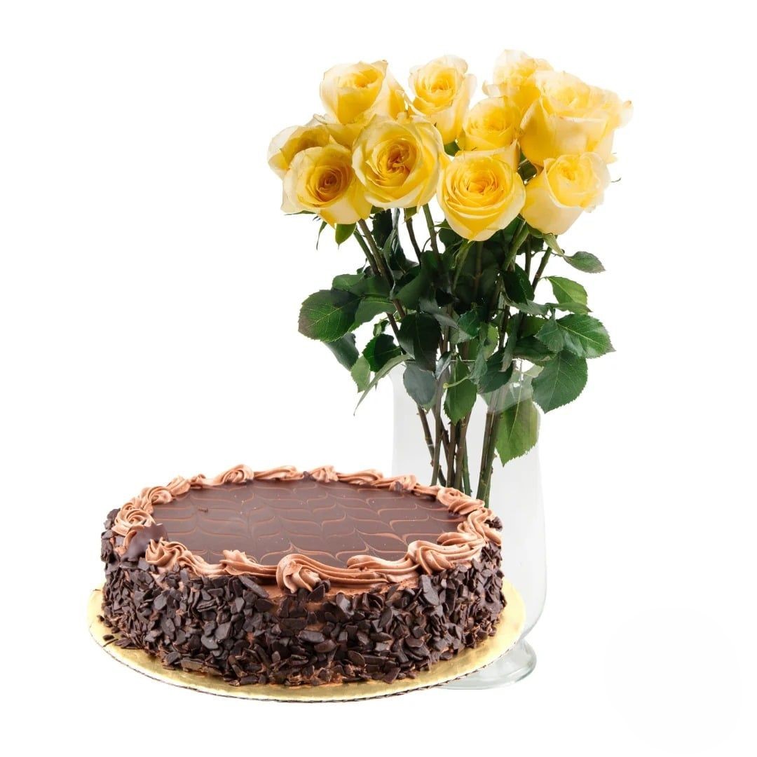 Bouquet di rose gialle con torta al cioccolato (Raffinato)