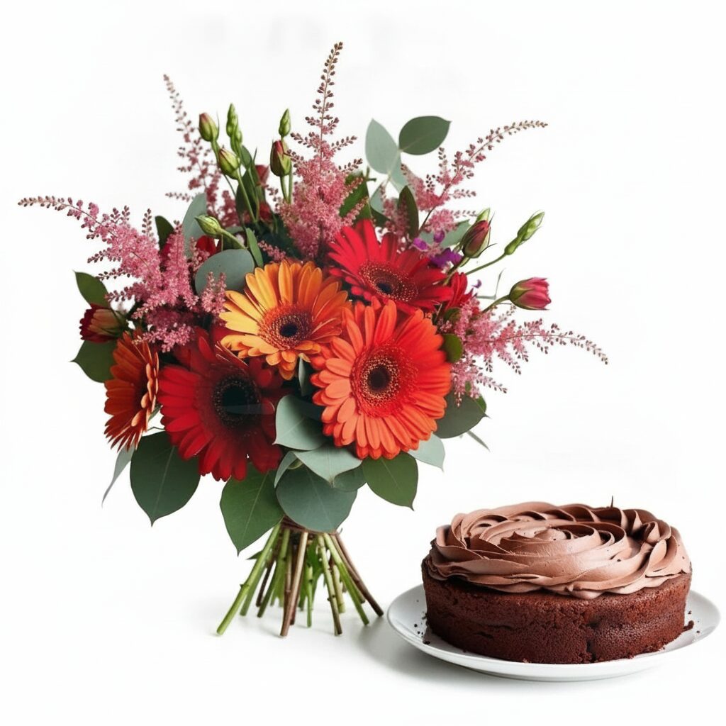 Bouquet di gerbere miste arancioni con torta al cioccolato (Raffinato)