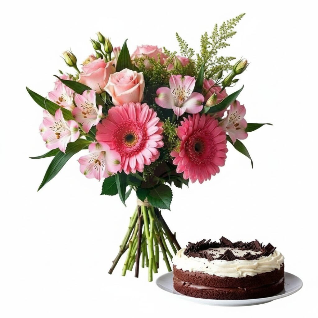 Bouquet di fiori misti rosa con torta alla crema di cioccolato (Raffinato)