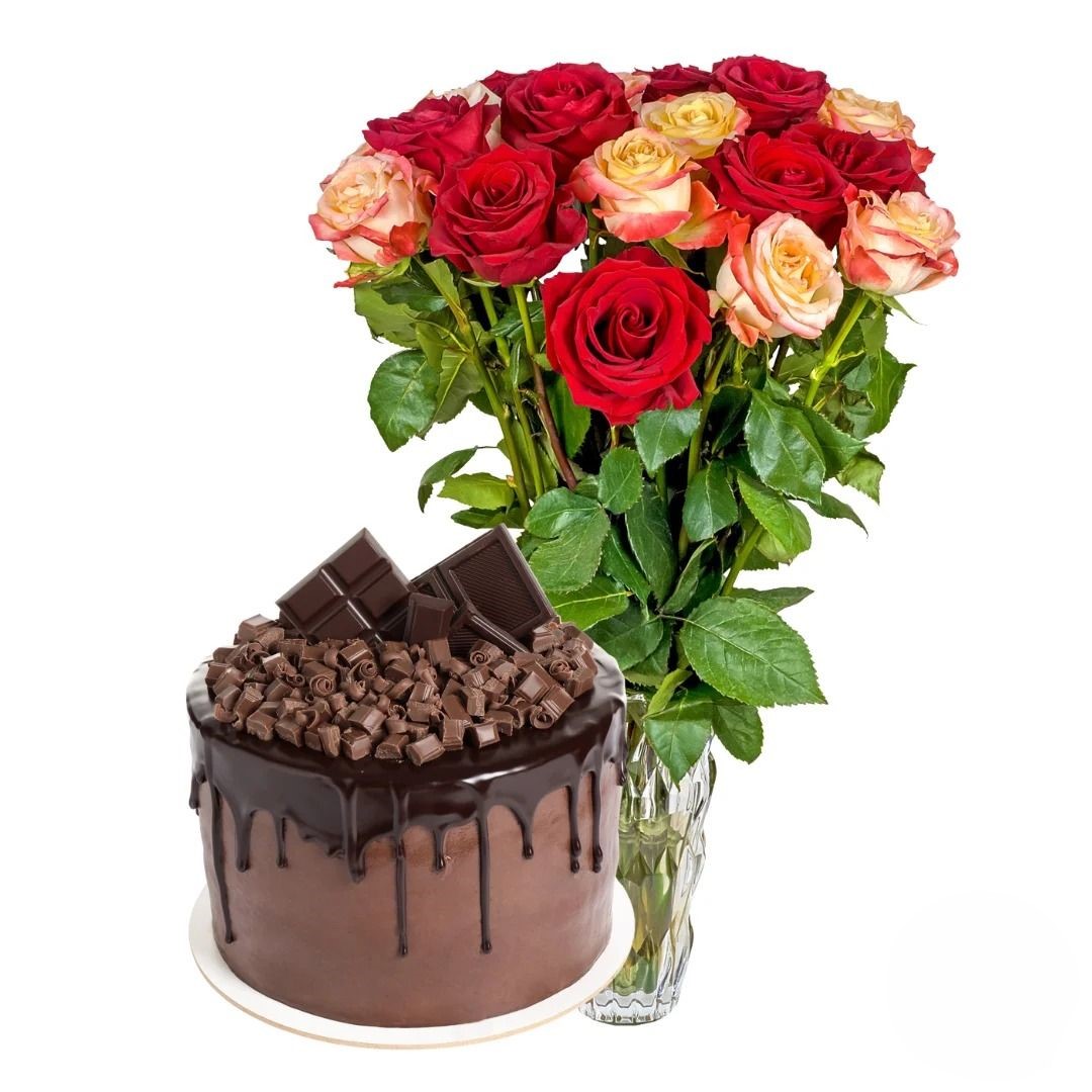Bouquet di rose rosse e arancioni con torta al cioccolato (Raffinato)