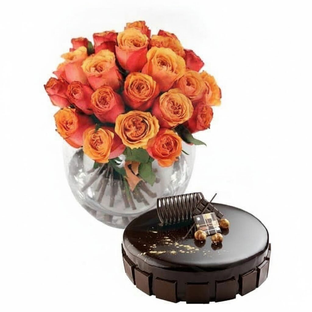 Bouquet di rose arancioni con torta al cioccolato (Raffinato)