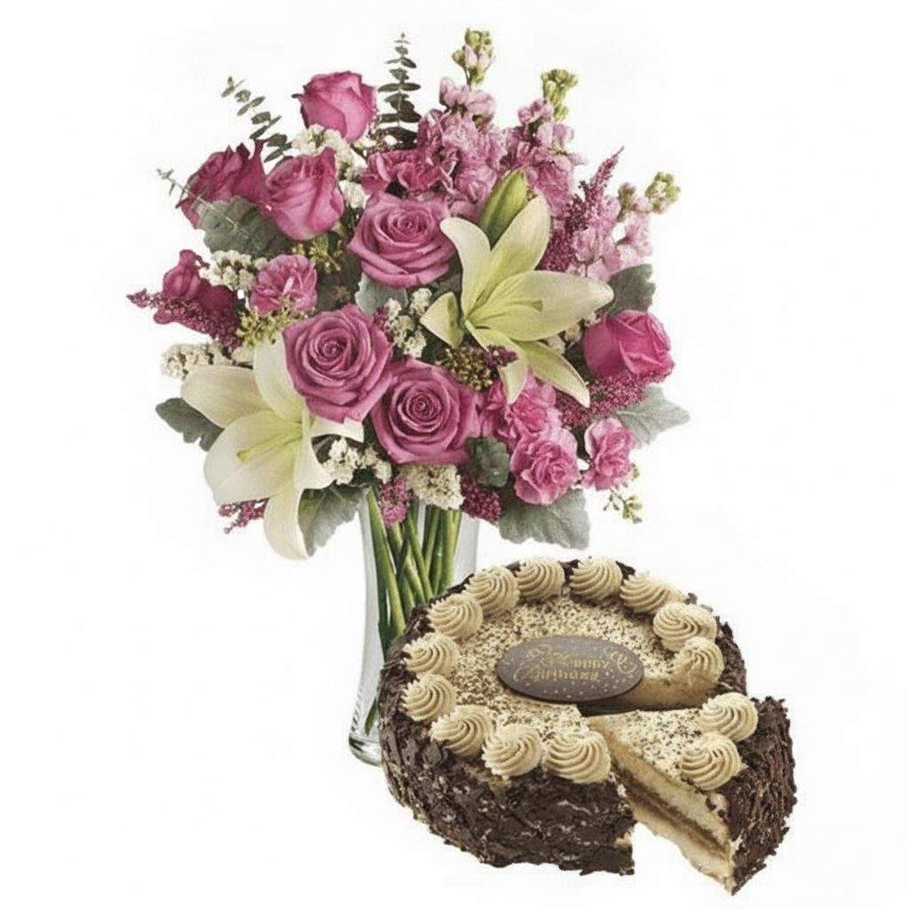 Bouquet rosa e bianco con torta alla crema (Raffinato)