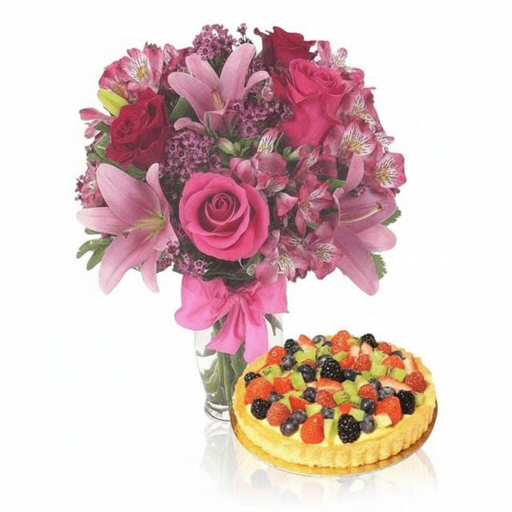 Bouquet rosa con torta di frutta (Raffinato)
