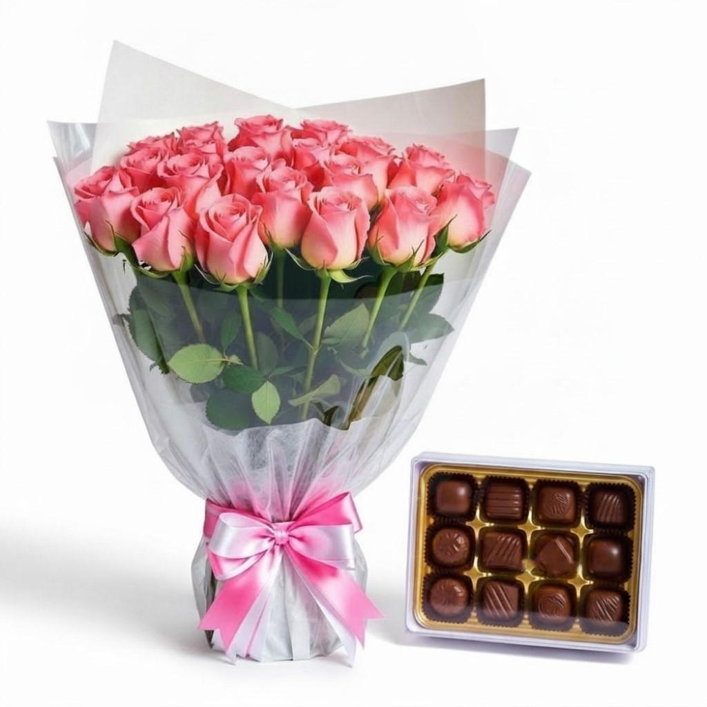 Bouquet di rose rosa con scatola di cioccolatini (Raffinato)