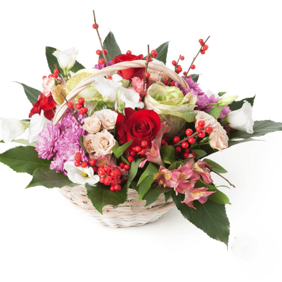 Basket of mixed flowers in red, white and purple tones (Refined)