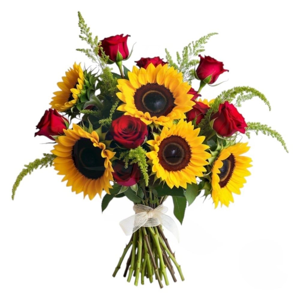 Bouquet Con Rose Rosse E Girasoli (Raffinato)