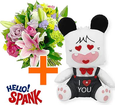 Ciao Spank con maglietta nera da 12" + fiori (composizione classica)