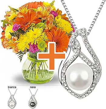 Necklace with Swarovski Crystal + Flowers (Classic Composition)