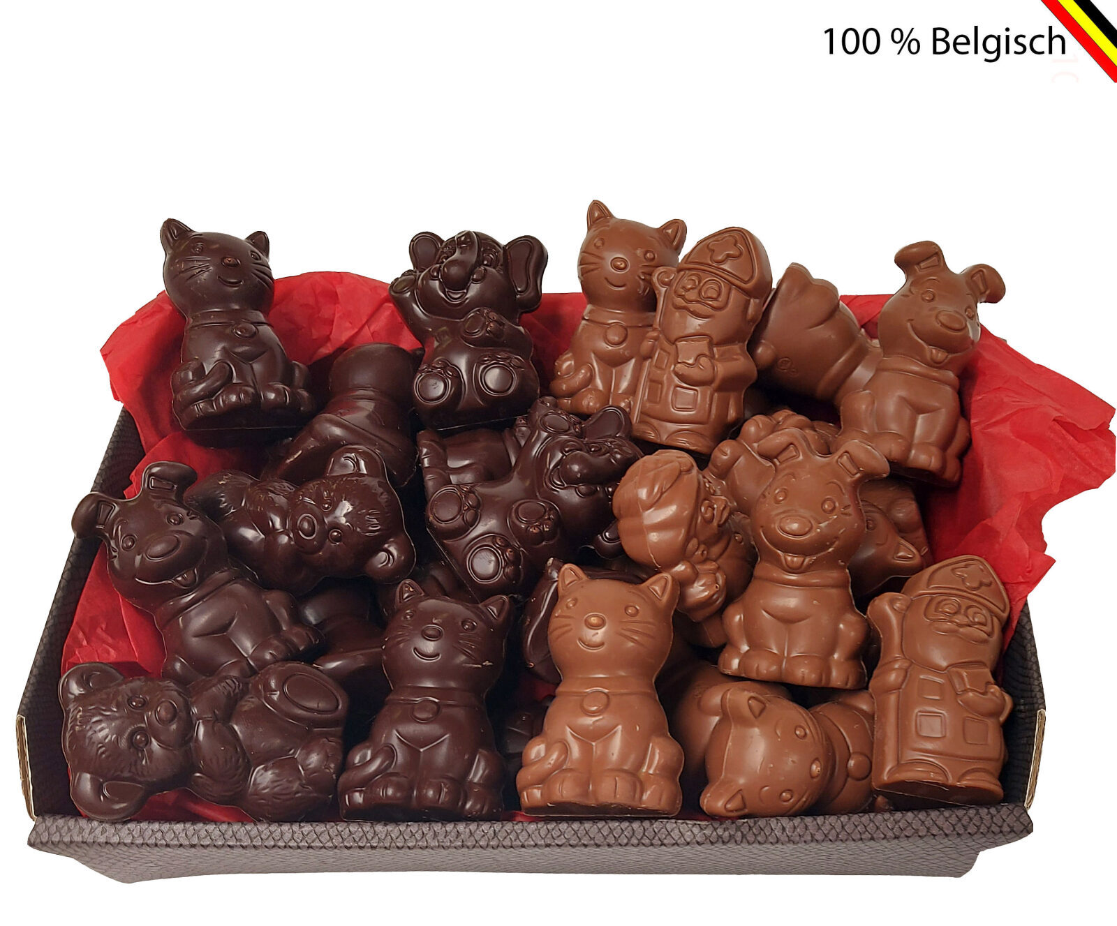 Cesto di San Nicola riempito con 30 piccole figure di cioccolato