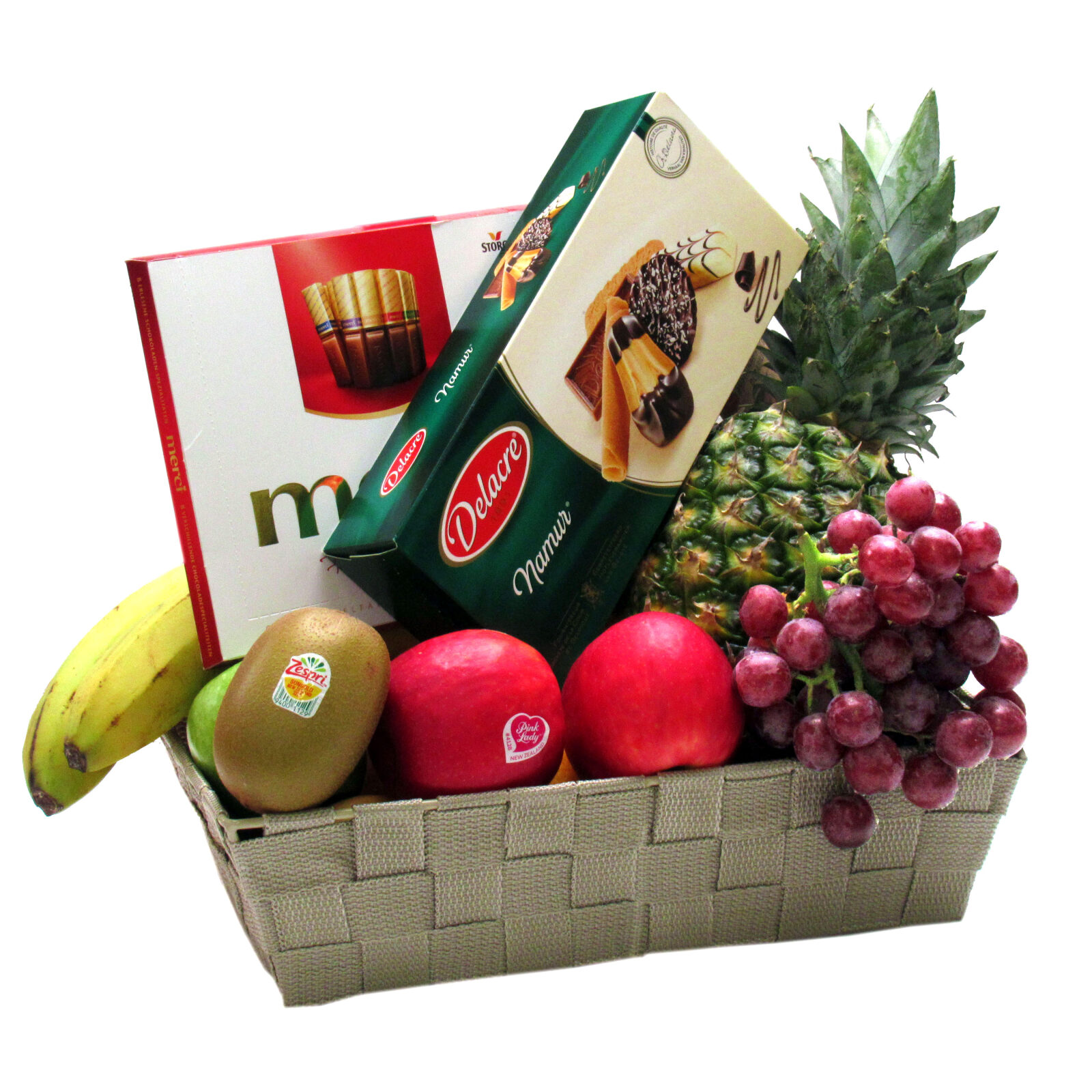 Cesto di frutta con biscotti belgi e cioccolato